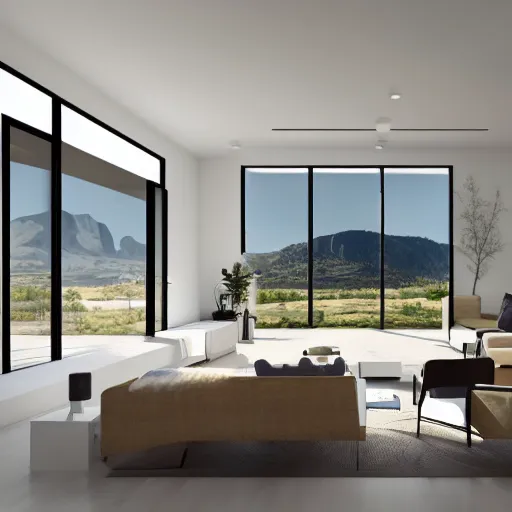 Prompt: modern open living room with big windows showing an amazing landscape on the background, organic architecture, interior design, minimalist furniture, octane render, high detail, 8 k, post production
