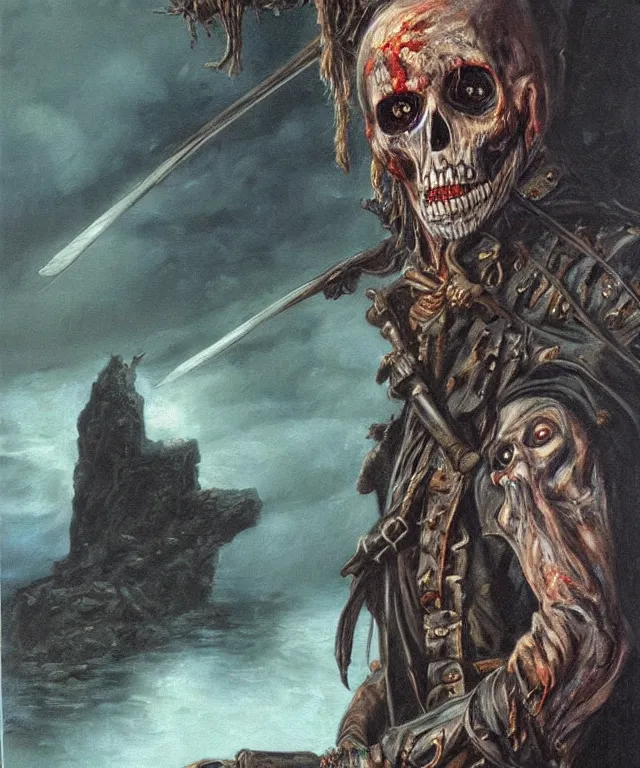 Prompt: ultra realistic color portrait painting of an undead 1 7 th century pirate with a sword in a grotto, dark, painted, brooding, atmospheric, seascape, horror, smooth, epic, highly detailed, cinematic, by larry elmore