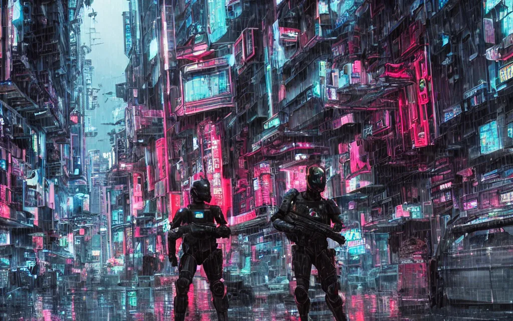 Prompt: film futuristic soldiers in tactical armor like SWAT robocop Elysium raid a neo tokyo apartment building in the rain at night. Red Neon Lights reflect in the puddles