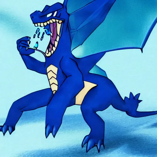 Image similar to a blue Charizard with water powers,realistic illustration