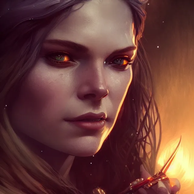 Image similar to close up portrait of a beautiful female witcher, artistic, magical mountain background with light rays, fantasy atmosphere. art by artgerm, greg rutkowski and alphonse mucha, highly detailed, intricate, lifelike. sci - fi, fantasy, magical, octane render,