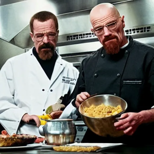 Prompt: walter white and jesus cooking together in a restaurant