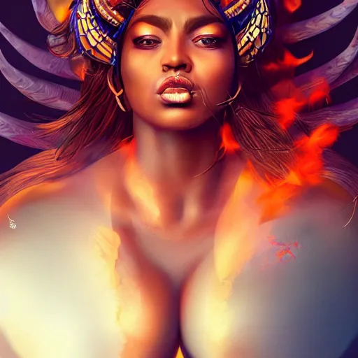 Prompt: a colossal goddess, creative, brown skin, giant, digital art, in the city, in town, high quality, high angle, photo manipulation, down there, fire hair, digital painting, smoke, artstation, vibrant colors