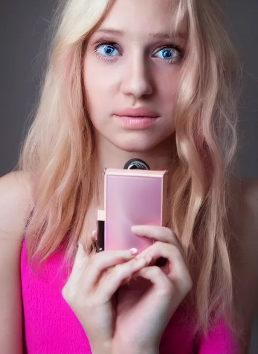 Prompt: portrait photograph of an extremely beautiful!!!! blond young female , symmetric face!, symmetric round detailed eyes!!, slight smile, studio light, wearing pink chanel outfit !! hodling a pink vintage phone l! plain pink studio background. looking at the camera!!. . super resolution. Extremely detailed. fashion editorial