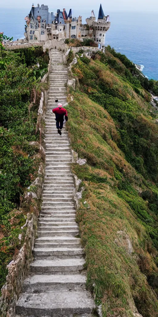 Prompt: a man climbing steep stairs toward a beautiful storybook castle on a high cliff overlooking the ocean