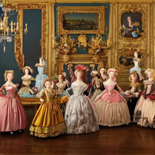 Prompt: Women in baroque dresses, standing in the middle of the room full of toys