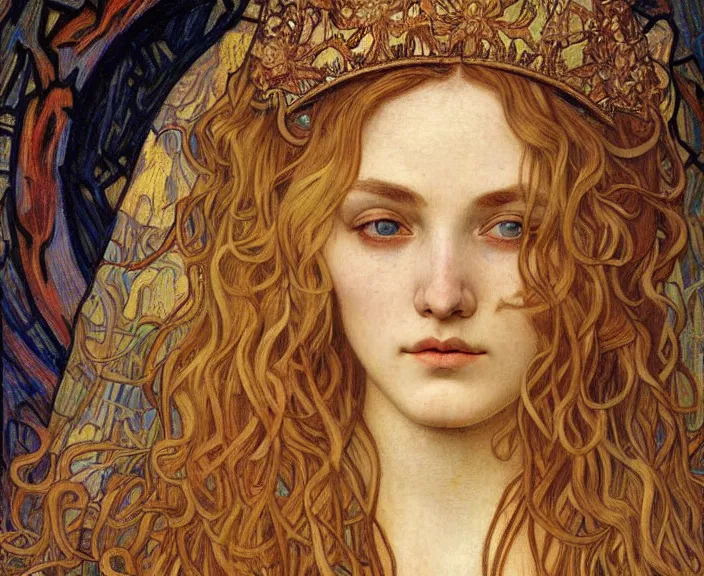 Image similar to detailed realistic beautiful young medieval queen face portrait by jean delville, alphonse mucha, vincent van gogh, and marco mazzoni, art nouveau, symbolist, visionary, gothic, pre - raphaelite