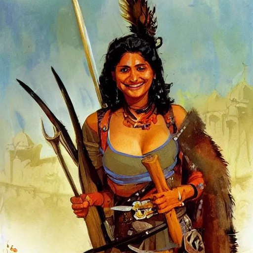 Prompt: a medieval hunter woman with indian ethnicity, cheeky smile, umber color scheme, fantasy character portrait by John Berkey