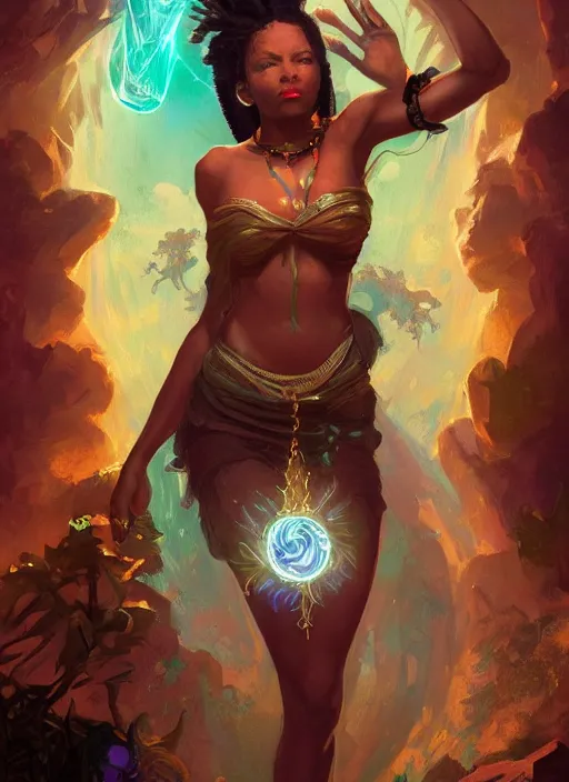 Image similar to beautiful black woman casting magical spells with powerful crystals, beaded dreadlocks and kemetic imagery, digital painting artstation, concept art, matte, sharp focus, illustration, dramatic exploding nebulae, hearthstone, art by artgerm and greg rutkowski and alphonse mucha