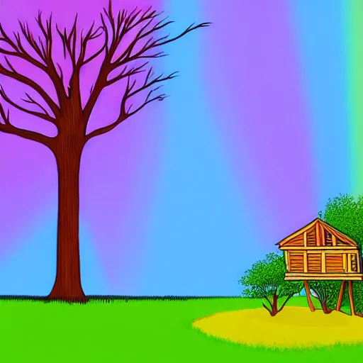 Prompt: : forest park with a tree house after it rained earlyin the morning rainbowin the sky, illustration art style