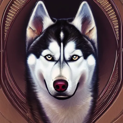 Image similar to beautiful detailed picture of a husky, radiant light, art nouveau, intricate, elegant, highly detailed, my rendition, digital painting, artstation, concept art, smooth, sharp focus, illustration, art by artgerm and greg rutkowski and alphonse mucha