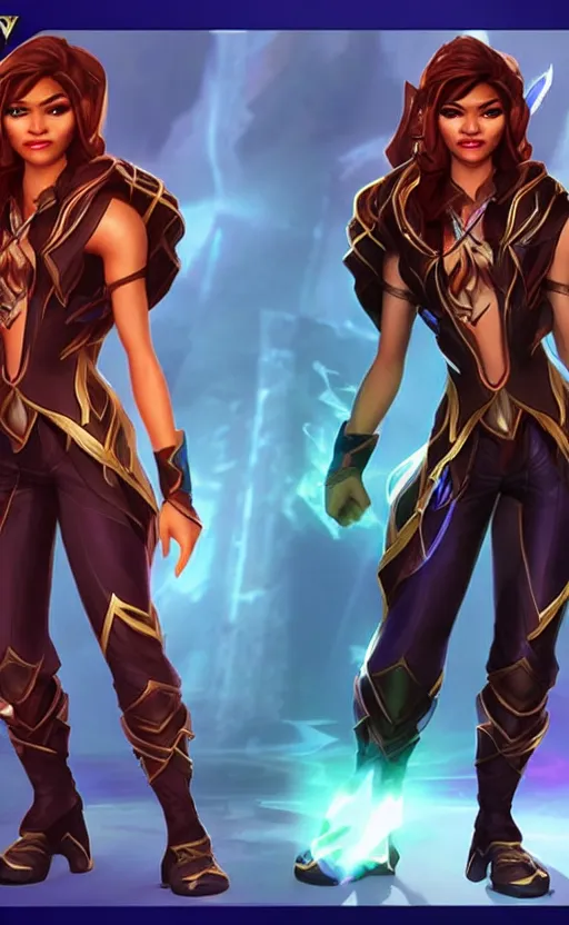 Image similar to Zendaya as a character in the game League of Legends, with a background based on the game League of Legends, detailed face, old 3d graphics