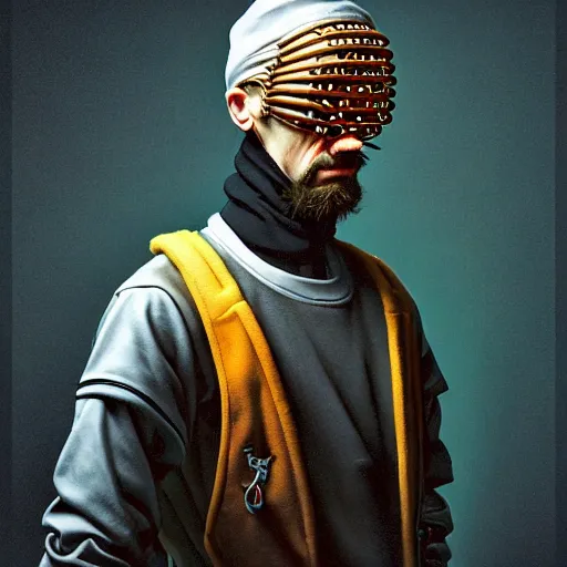 Image similar to Colour Brutal Caravaggio style Photography of Highly detailed brutal Gopnik with highly detailed face and wearing detailed retrofuturistic Ukrainian folk costume designed by Taras Shevchenko also wearing detailed retrofuturistic sci-fi Neural interface designed by Josan Gonzalez. Many details In style of Josan Gonzalez and Mike Winkelmann and andgreg rutkowski and alphonse muchaand and Caspar David Friedrich and Stephen Hickman and James Gurney and Hiromasa Ogura. Rendered in Blender and Octane Render volumetric natural light