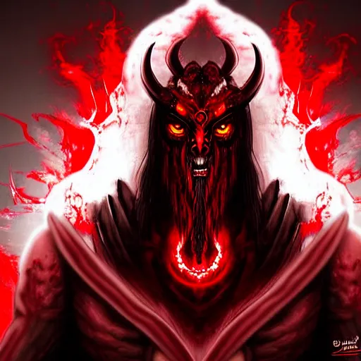 Image similar to epic chthonic ancient warrior black veins red demonic eyes, red smoke on the background by Boris Valejio, high detailed digital art