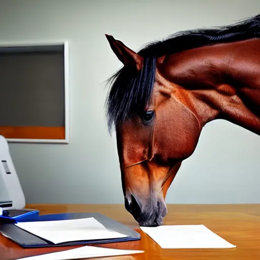 Prompt: a horse sitting at a desk doing business, servicing mortgages, fax machine, office seen, photograph