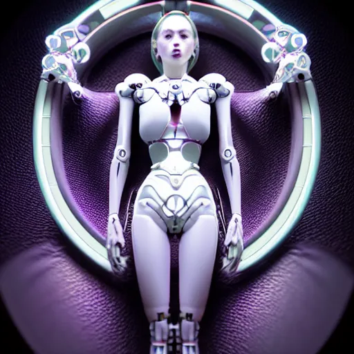 Prompt: symmetrical feminine cyborg goddess rendered in Cinema 4D and Octane and Unreal Engine 5, elegant cybernetic body and ornate futuristic outfit, glowing white neon eyes, platinum and obsidian flowing long hair, art by Artgerm, Beeple and Alphonse Mucha, hyperrealism, full body photogenic shot, digital render, cinematic lighting ornate earrings, 8k resolution, masterpiece work