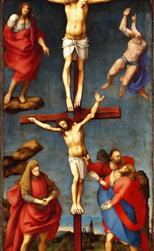 Image similar to mond crucifixion by raphael with mario and luigi