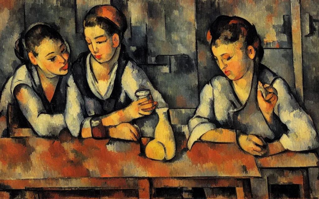 Prompt: in the style of paul cezanne. two hyperpop girls sitting at a wooden table in a bar looking at their phones. there is a bright red lamp hangig above the table. milkshakes