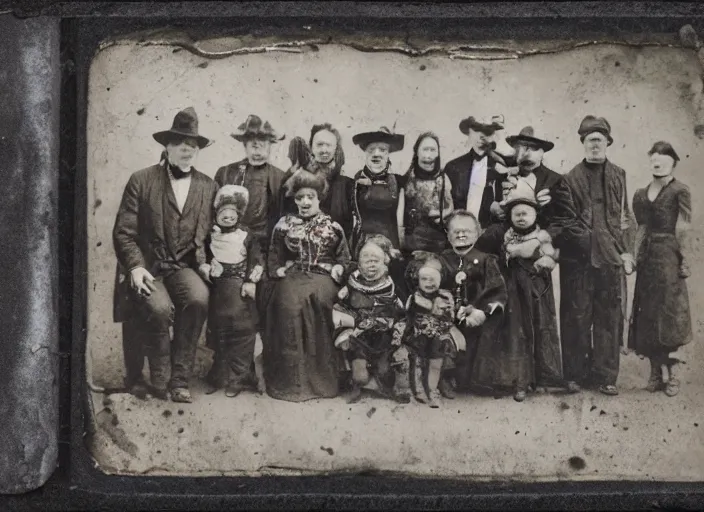 Image similar to a tintype photograph. photo of a group of people in front of the circus of watches, horror a family of monsters