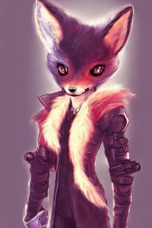 Image similar to a cyberpunk anthropomorphic fox with a fluffy tail!!!, comic art, trending on furaffinity, cartoon, kawaii, backlighting, furry art, chibi, pastel