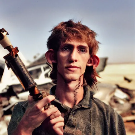 Image similar to close up headshot of a skinny high-fantasy elf with a long face narrow chin and spiky blonde hair wearing dark brown overalls and holding a bomb next to a destroyed car, high resolution film still, HDR color