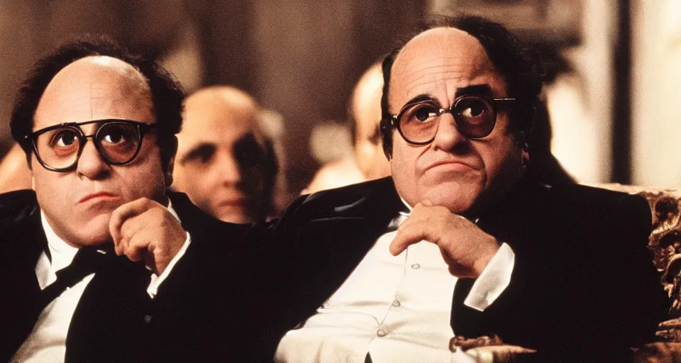 Image similar to a still image of Danny DeVito in The Godfather, cinematic, 40mm f/2.8, 1970s, 35mm motion picture film