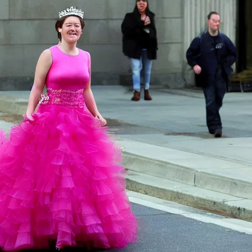 Image similar to mark zuckerberg wearing a poofy pink dress and a tiara