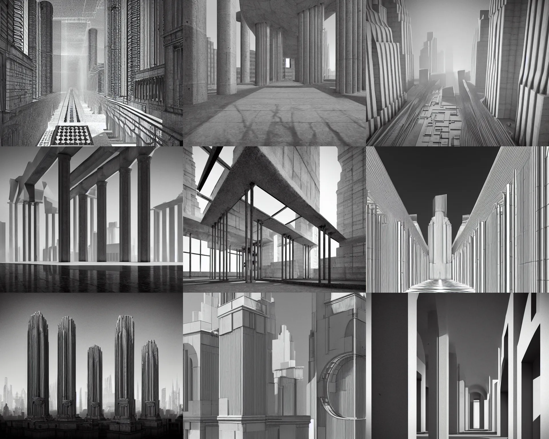 Prompt: music album cover, brutal concrete roman architecture, skycrapers 1930s, archs and columns, metropolis, geometrical forms, light and shadows, in the style of Hugh Ferriss, Behance, 3d render, volumetric llight, retro futurism, Dribbble, H -640