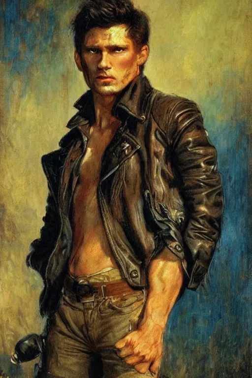 Image similar to a thirty - five year old contract killer named cobalt. he wears a brown leather jacket. he has a burn scar up the side of his face. art by gaston bussiere.