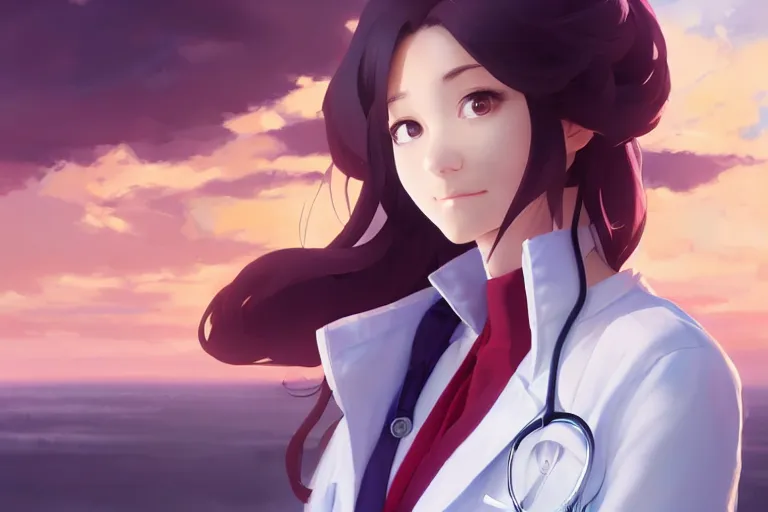 Prompt: a full portrait of a beautiful cute female doctor in a white coat, finely detailed features, perfect art, windows, sunset lighting, trending on pixiv fanbox, painted by greg rutkowski, makoto shinkai, takashi takeuchi, akihiko yoshida.