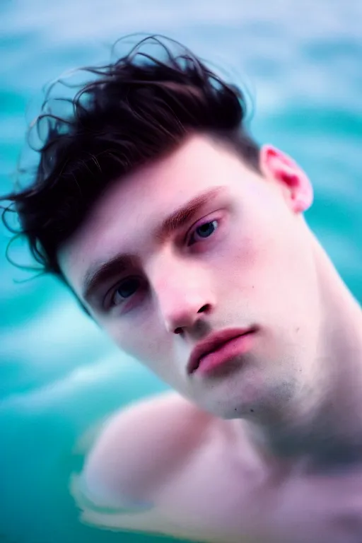 Prompt: high quality pastel coloured film mid angle docu photograph of a beautiful young 2 0 year old male, soft features, short black hair, resting in an icelandic black rock pool environment. atmospheric. three point light. photographic. art directed. ( pastel colours ). volumetric light. clearcoat. waves glitch. 8 k. filmic.