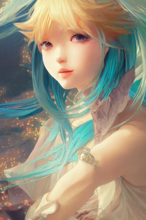 Image similar to beautiful, miku, final fantsy, digital painting, portrait , cinematic lighting, highly detailed, artstation, concept art, illustration, smooth, sharp focus, editor's pickup, trending on artstation, trending on deviantart, alphonse mucha, WLOP