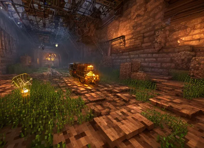 Prompt: minecart track in a magical mine illustration. steam punk fantasy, dramatic lighting, 8 k, sharp focus, global illumination, unreal engine, detailed and intricate environment