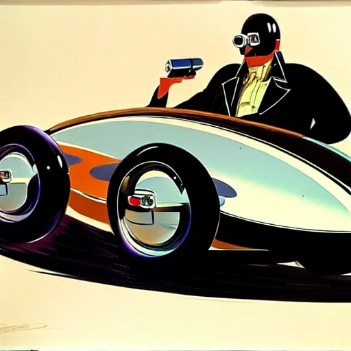 Image similar to concept art of a car with a sidecar being driven, painted by syd mead, high quality