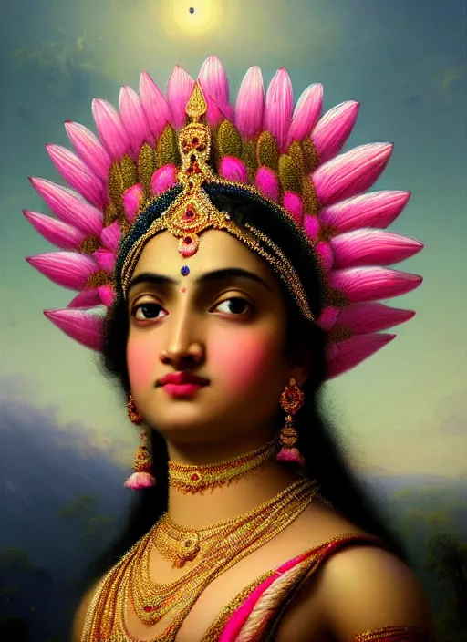 Image similar to stunning indian godess princess, detailed pink and white protea head peace against a black backdrop by ivan aivazovsky, 3 / 4 view portrait, wlop, super sharp details, photorealism, canon 5 d, 5 0 mm lens, stunning photoshot, beautiful soft lighting, muted colours, artstation