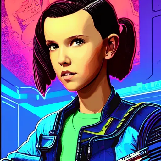 Prompt: Millie Bobby Brown in Cyberpunk 2077 by Butcher Billy, by RossDraws!!!!