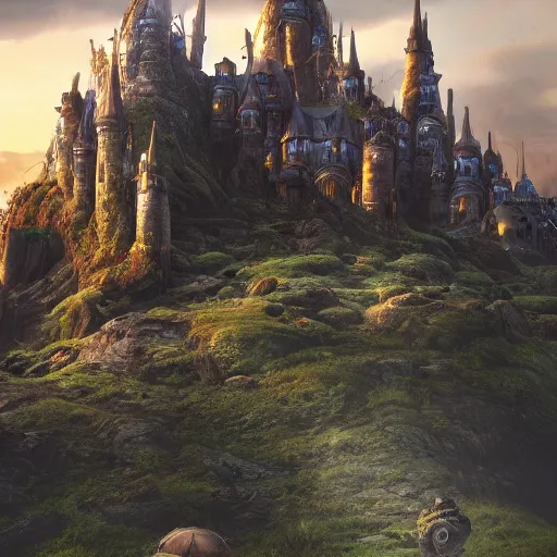 Image similar to giant tortoise walking with a large fantasy castle rising growing from the top of it, distant shot birds eye view, fantasy, hyper detailed, 4 k, howls moving castle, mortal engines,