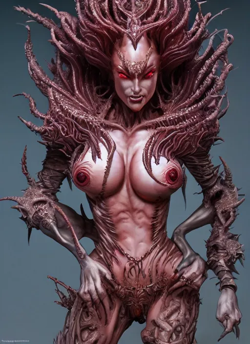 Prompt: a hyper detailed full body figurine of the queen of blades, sideshow figurines, diablo 4 lilith, by yusuke murata, by hiroya oku, by dorian cleavenger, by tom bagshaw, by zdzisław beksinski, trending on artstation