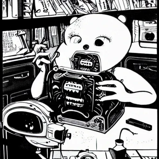 Image similar to a black and white photograph of a man destroying a computer until it sparks, by gary baseman, by robert crumb, by jim henson, photorealistic, surreal, high contrast, film photography