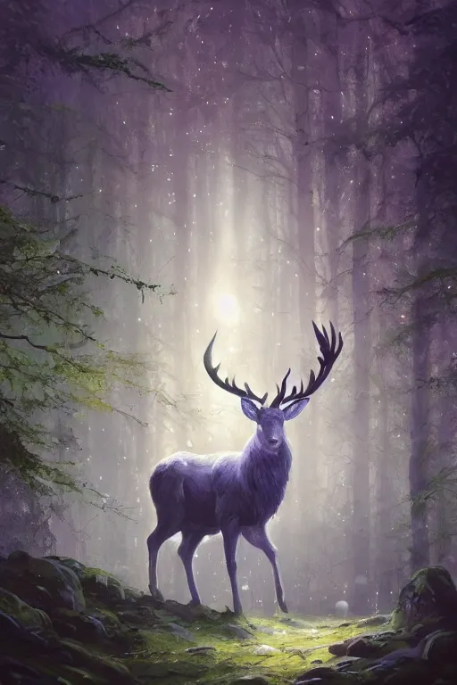 Image similar to Magical White Stag, lush evergreen forest, vivid colors, night scene, 4K, character concept art, oil painting, digital painting, painterly, cinematic lighting, rule of thirds, trending in artstation, cgsociety, by anato finnstark, Artgerm, Greg Rutkowski, Joseph Christian Leyendecker