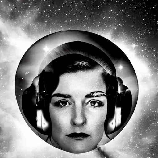 Prompt: modern double exposure monochrome head shot portrait of a female wwii pilot over a brilliant iridescent nebula. orange, pink, purple color ombre.