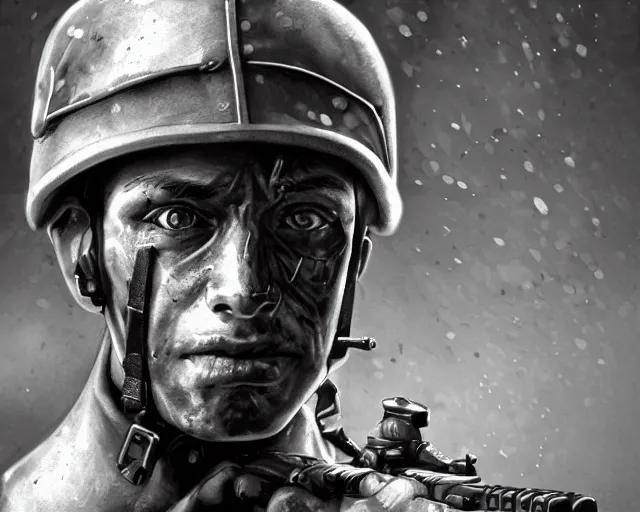 Prompt: A soldier holding a tank machine gun, face in despair, world war 1, close-up, realistic face, beautiful face detail, mature facial features, black and white, amazing digital art, hyper detailed, artstation, in the style of Tony Sart