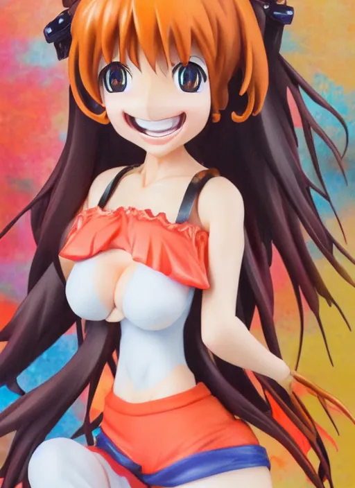 Prompt: a lifelike oil panting of an anime girl figurine caricature with a big dumb grin featured on Nickelodeon by Basil Gogos