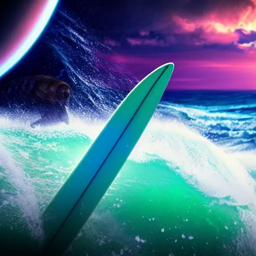 Prompt: photo of a beagle surfing a surfboard on a crashing l wave of alien ocean in space, background is an alien galaxy, aliens in the background, alien colors, octane render, unreal engine, wide view, 8 k, high detaild