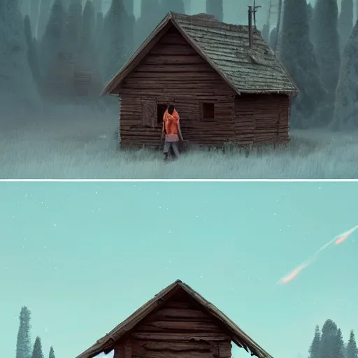 Image similar to woman leaving her wooden broken house by simon stålenhag, very highly detailed, award winning, rendered by Beeple, by Makoto Shinkai, syd meade, starwars, space art concept, digital art, unreal engine, blender, WLOP, trending on artstation, 4K UHD image, octane render