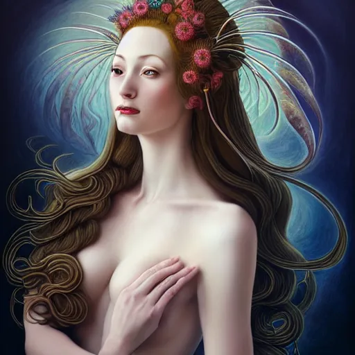 Image similar to portrait of a young attractive nerdy woman in flowing sensual dress, arrogant, long fine flowing hair, delicate, looking at camera, slightly awkward smile, realistic face, realistic hands, stylish, elegant, grimdark fantasy, flowers, extremely detailed painting inspired by Gerald Brom and Ernst Haeckel and Sandro Botticelli , studio lighting