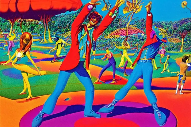 Image similar to a beautiful view of a groovypunk dance in a san francisco park, art by ron walotsky and peter max and roger dean