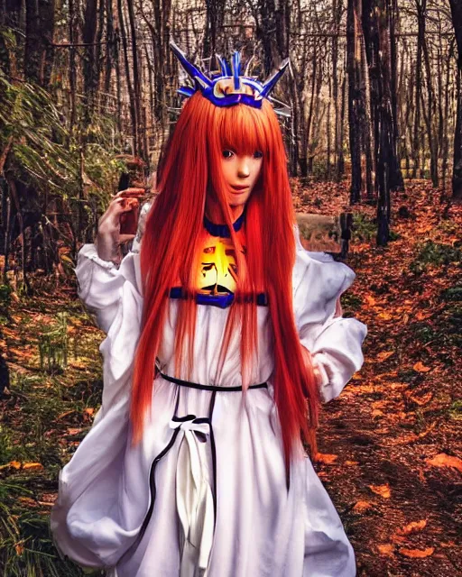 Prompt: very beautiful and cute Asuka Langley (face by Ross Tran) from neon genesis evangelion as a real slavic person dressed as a slavic priestess in holy birch forest in spring, 35mm, iPhone photo, HDR, DSLR, cinematic, trending on Instagram, 8k, 4k