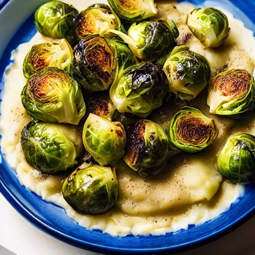 Image similar to brussel sprouts on white gravy , mashed potatoes, Michelin star, award winning