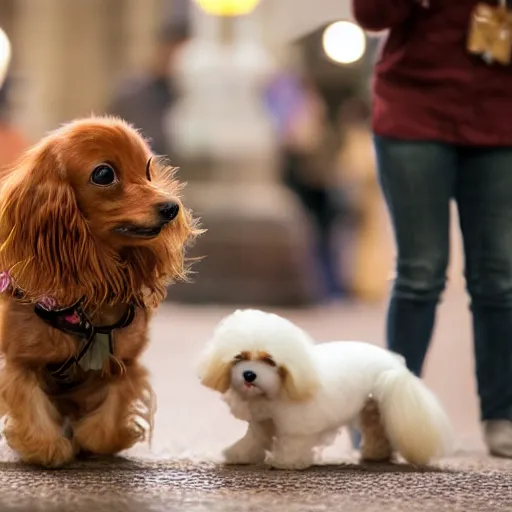 Prompt: a photorealistic closeup image of a cute brown colored long haired chihuahua cocker spaniel dog playing with a happy white bichon frise puppy at grand central station. brightly lit. extreme detail. unreal engine